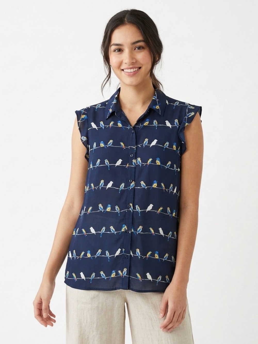 Elle Women Navy Blouse with Yellow and Blue Bird Print Button-front Size Small